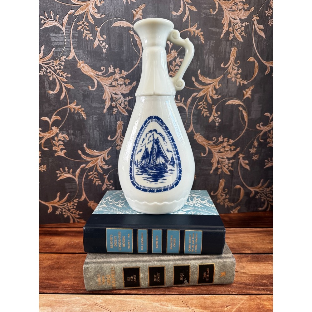 Vintage Milk Glass Decanter Blue Delft Ship James Beam 1969